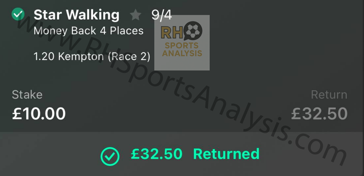 Star Walking winning bet slip at 9/4 odds - Kempton December 27 2025
