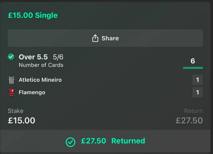 Over 5.5 Cards bet slip - £15 stake, £27.50 return