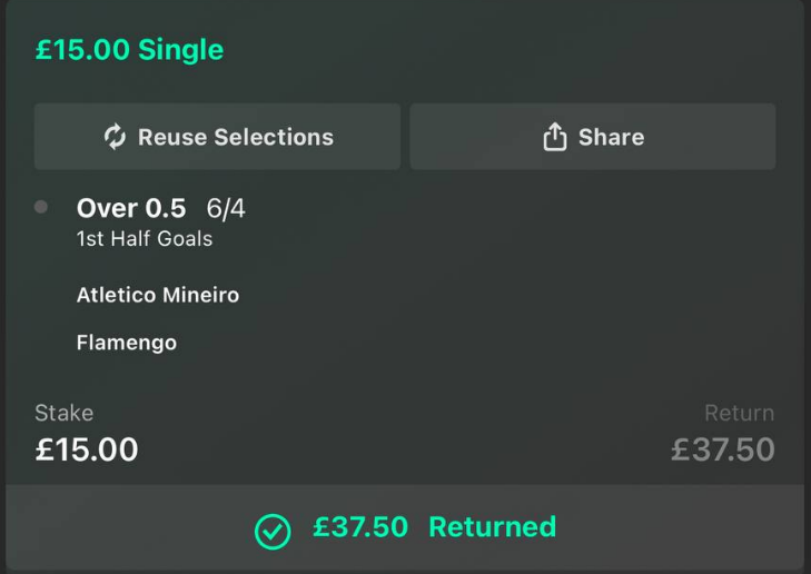Over 0.5 First Half Goals bet slip - £15 stake, £37.50 return