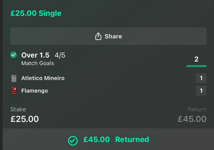 Over 1.5 Match Goals bet slip - £25 stake, £45 return