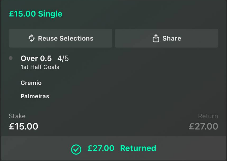 Over 0.5 First Half Goals bet slip - £15 stake, £27 return