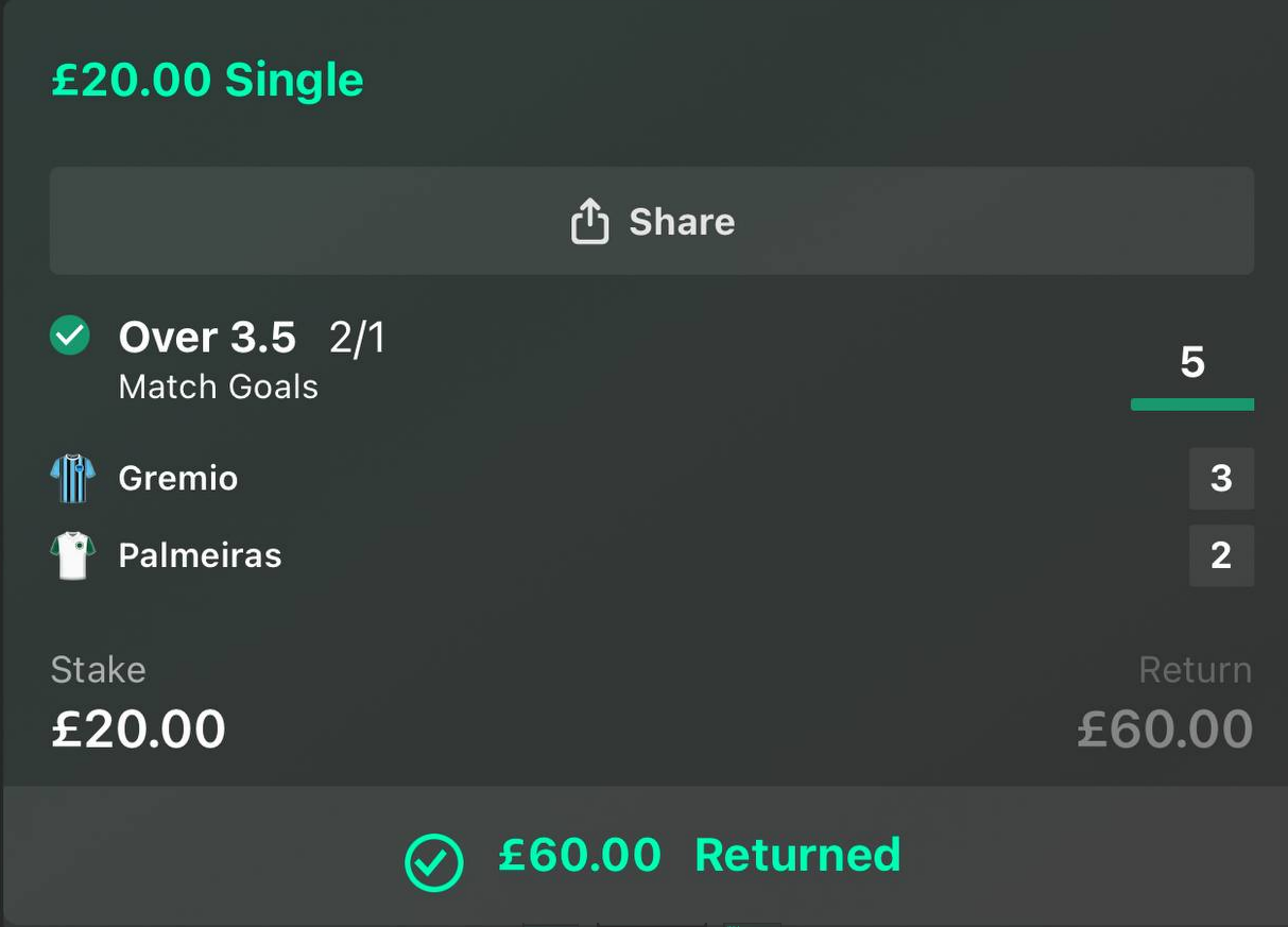 Over 3.5 Match Goals bet slip - £20 stake, £60 return