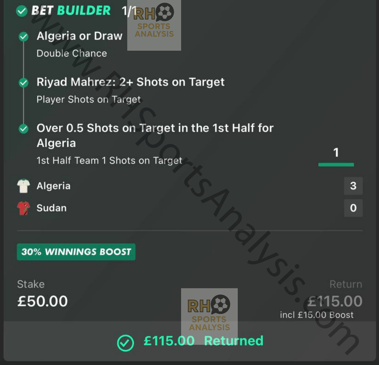 Algeria vs Sudan winning bet builder slip showing Riyad Mahrez shots on target selection, £50 stake returning £115 with 30% boost