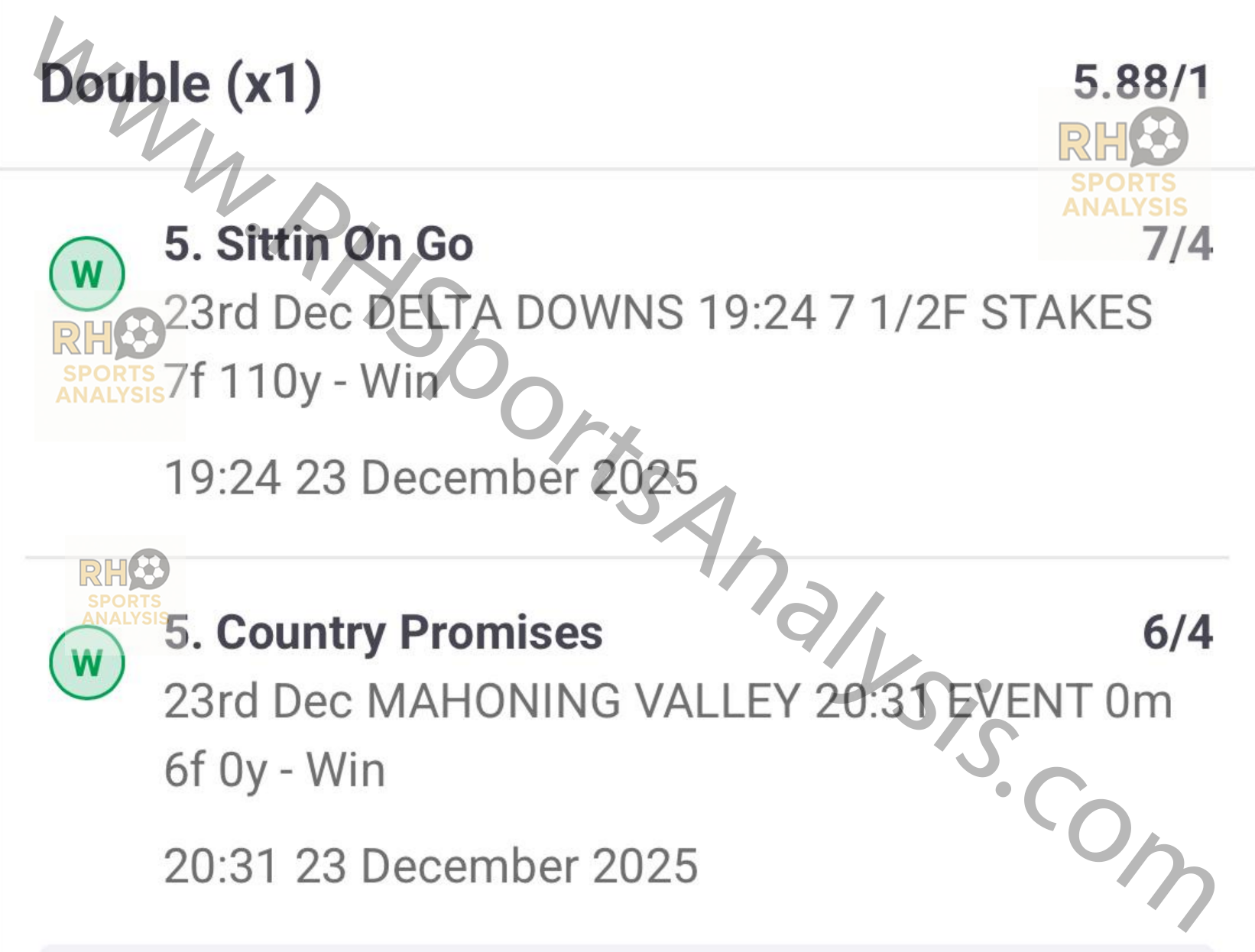 Winning horse racing double slip at 5.88/1 odds, Sittin On Go and Country Promises, December 23 2025