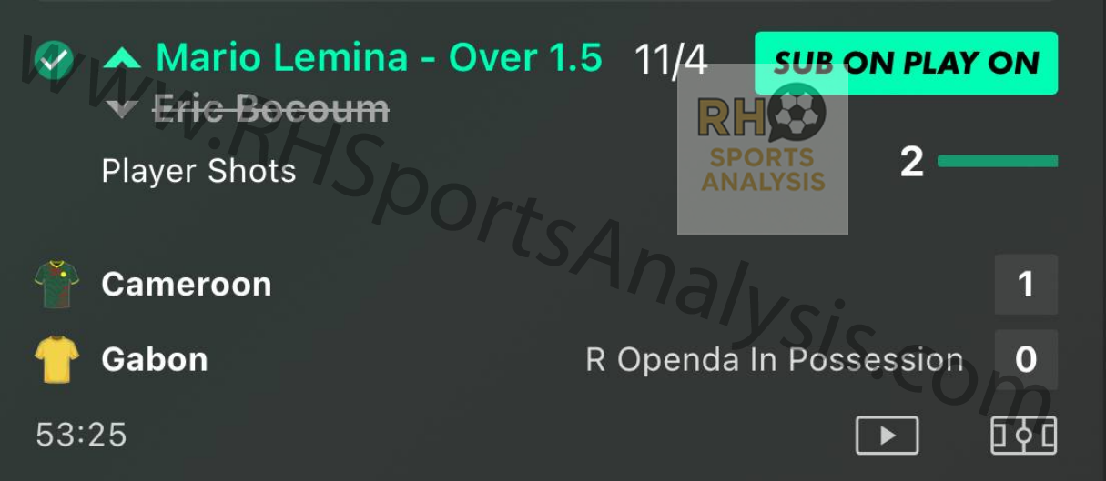 Mario Lemina over 1.5 shots winning slip at 11/4 odds, Cameroon vs Gabon AFCON 2025