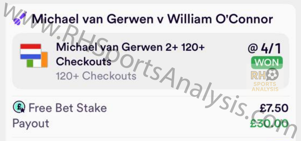 Michael van Gerwen 2+ 120+ checkouts winning slip at 4/1 odds, PDC World Darts Championship