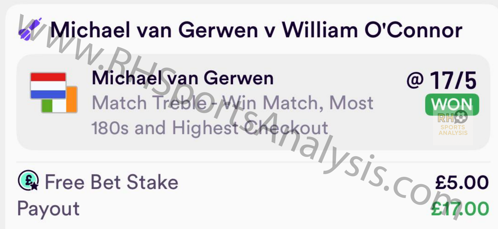 Michael van Gerwen match treble winning slip at 17/5 odds, win plus most 180s plus highest checkout, PDC World Darts Championship