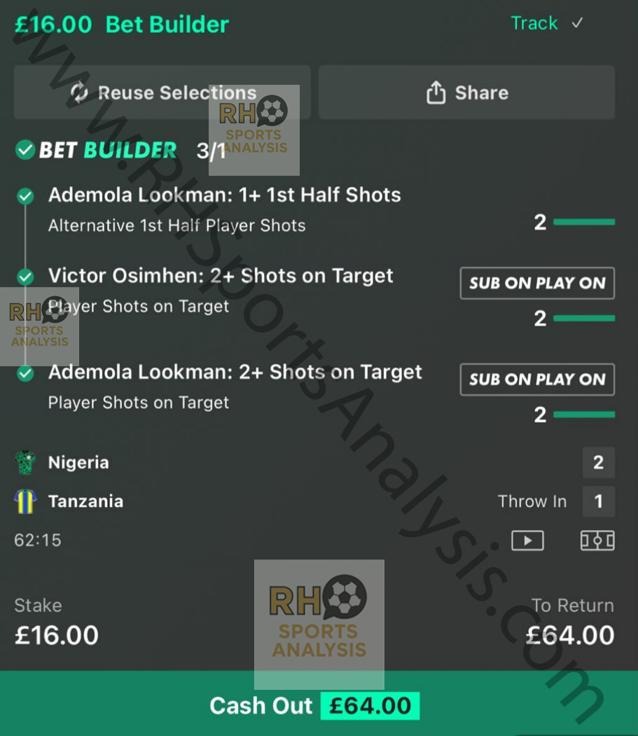 Winning bet builder slip showing Ademola Lookman and Victor Osimhen shots on target selections at 3/1 odds for Nigeria vs Tanzania AFCON 2025