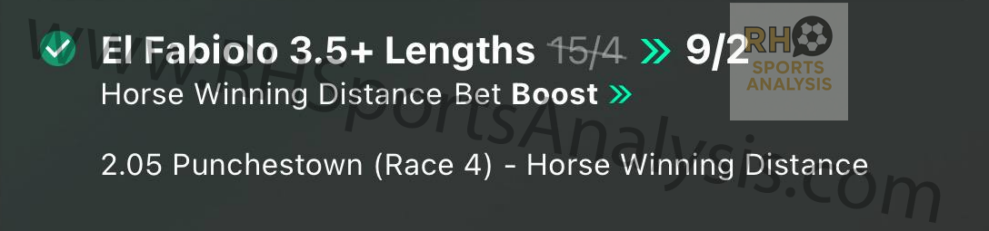 El Fabiolo 3.5+ Lengths winning distance boost at 9/2 odds - won by 8.5 lengths