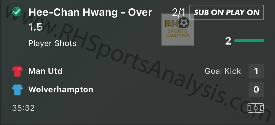 Hee-Chan Hwang Over 1.5 Shots winning bet at 2/1 odds - Manchester United vs Wolves December 30 2025