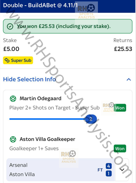 Martin Odegaard 2+ Shots on Target and Aston Villa GK 1+ Saves BuildABet winning at 4.11/1 - Arsenal 4-1 Villa