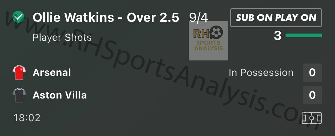 Ollie Watkins Over 2.5 Shots winning bet at 9/4 odds - Arsenal vs Aston Villa December 30 2025