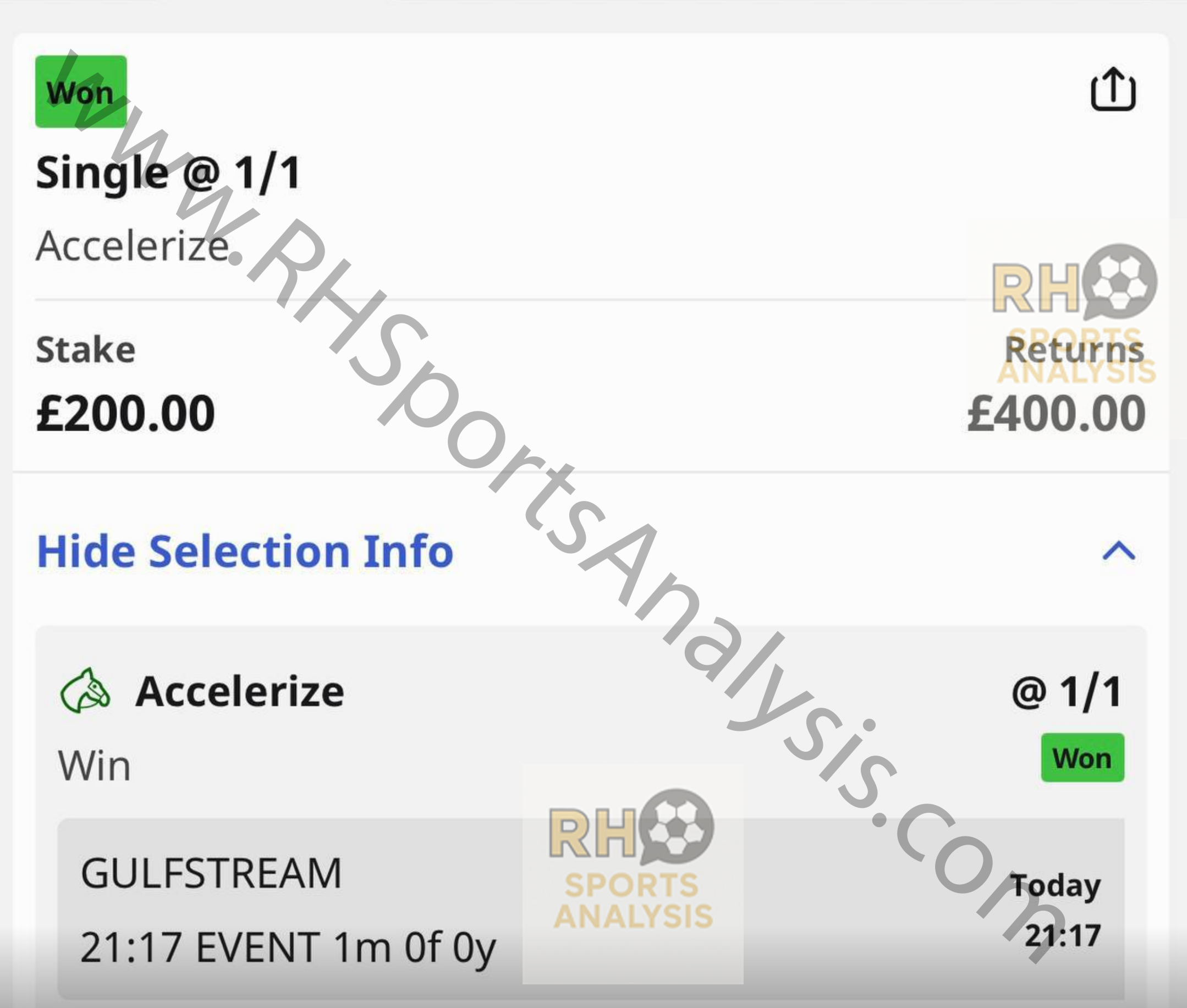 Accelerize winner at Gulfstream Park at 1/1 odds