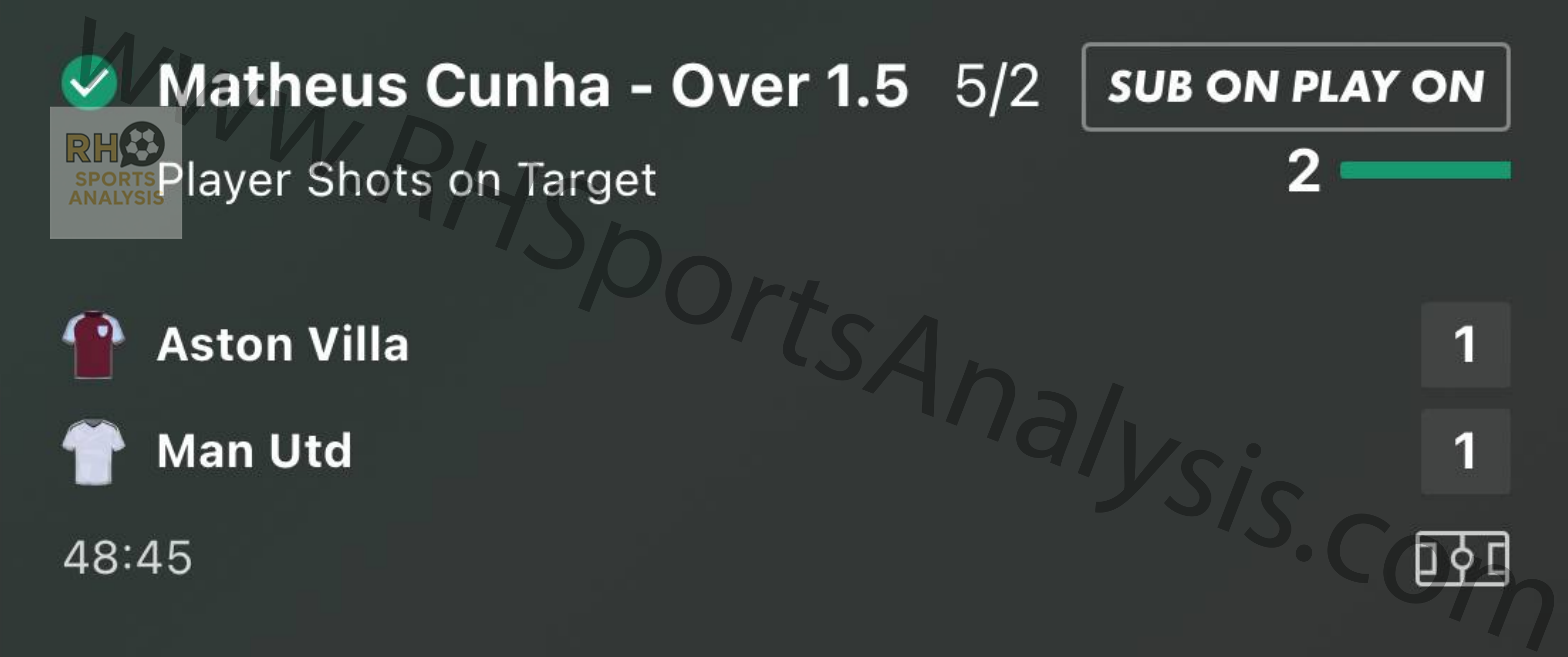 Matheus Cunha Over 1.5 Shots on Target at 5/2 winning slip