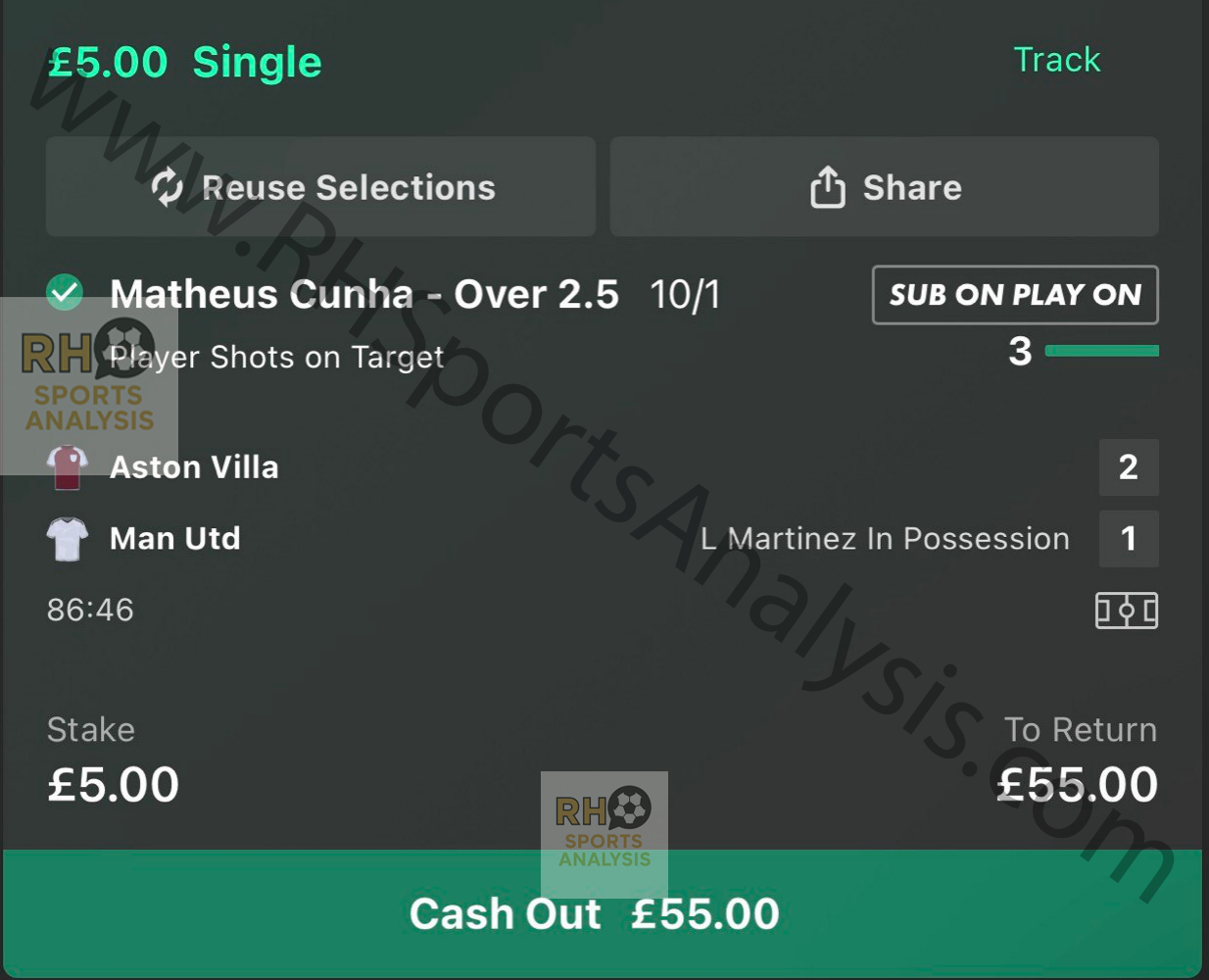 Matheus Cunha Over 2.5 Shots on Target at 10/1 winning slip
