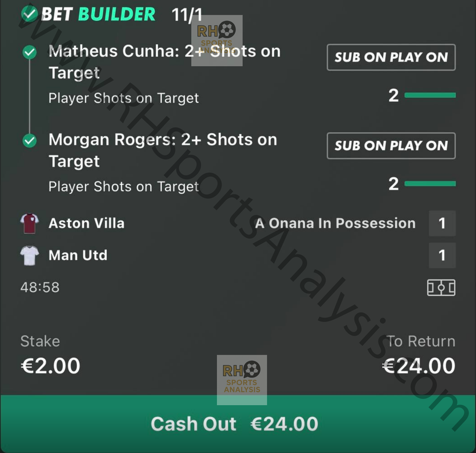 Cunha and Rogers 2+ SOT builder at 11/1 winning slip