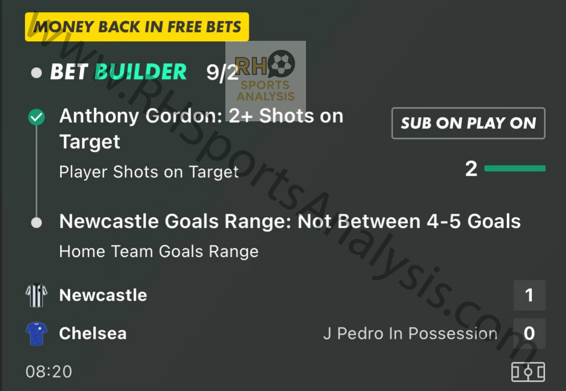 Anthony Gordon 2+ Shots on Target at 9/2 winning slip