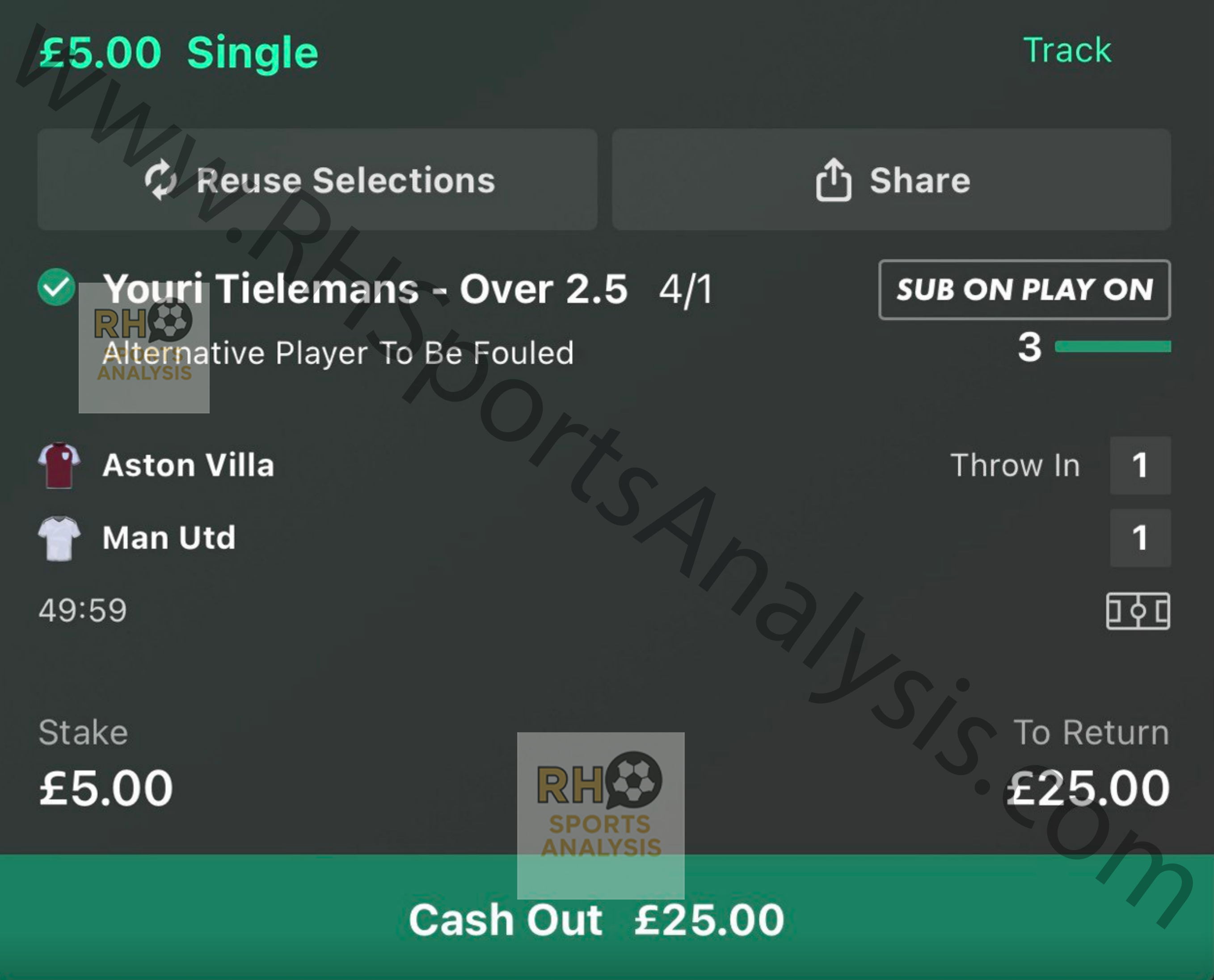 Youri Tielemans Over 1.5 Shots at 4/1 winning slip