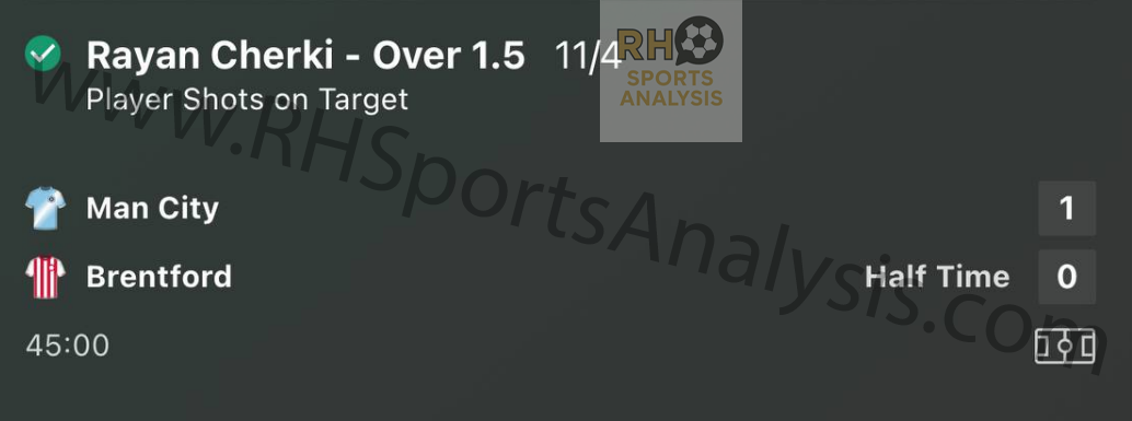 Rayan Cherki Over 1.5 Shots on Target winner at 11/4 odds in Man City vs Brentford Carabao Cup