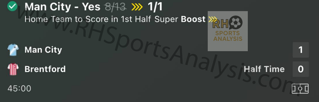Man City to Score in First Half boosted to 1/1 winner in Carabao Cup vs Brentford