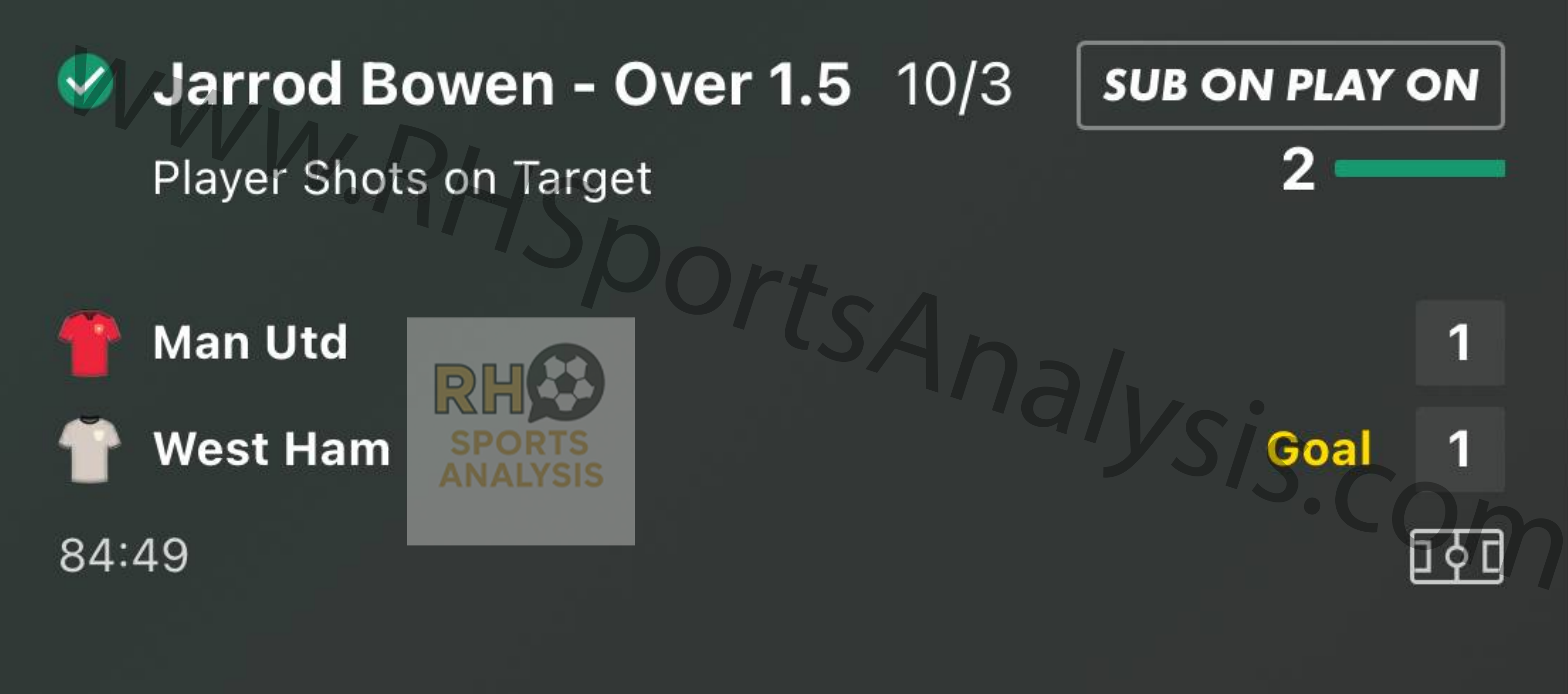 Jarrod Bowen Over 1.5 Shots on Target at 10/3 - Winner
