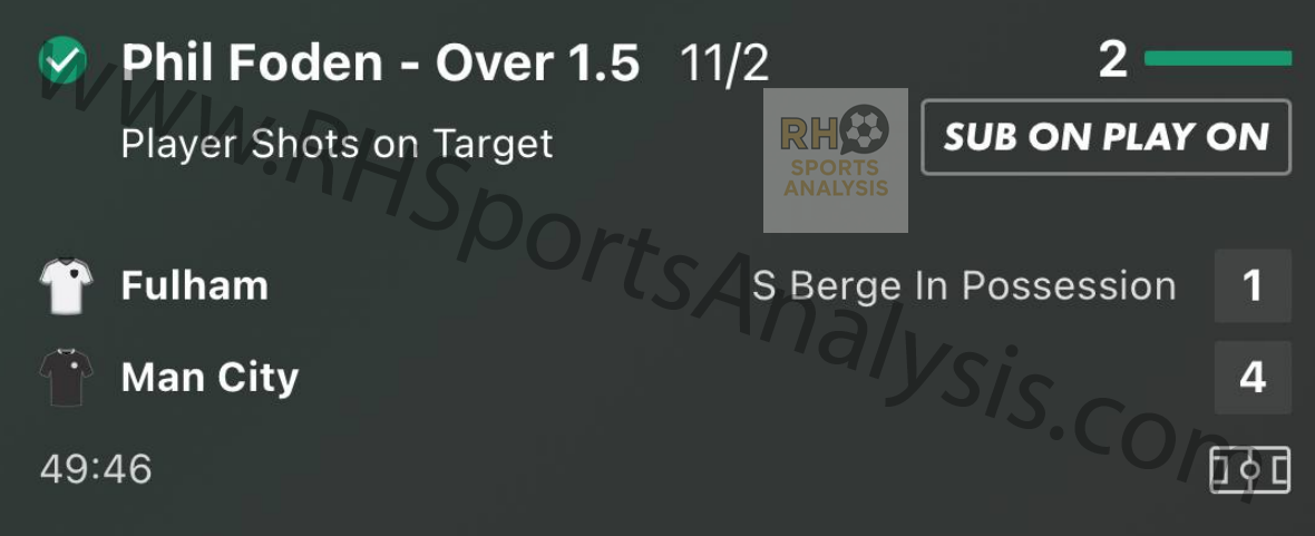 Phil Foden Over 1.5 Shots on Target at 11/2 - Winner