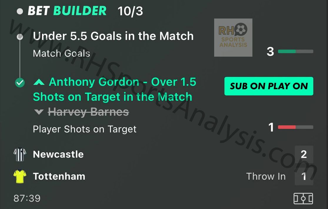 Newcastle vs Tottenham Bet Builder showing Under 5.5 Goals and Anthony Gordon Over 1.5 SOT - both legs won