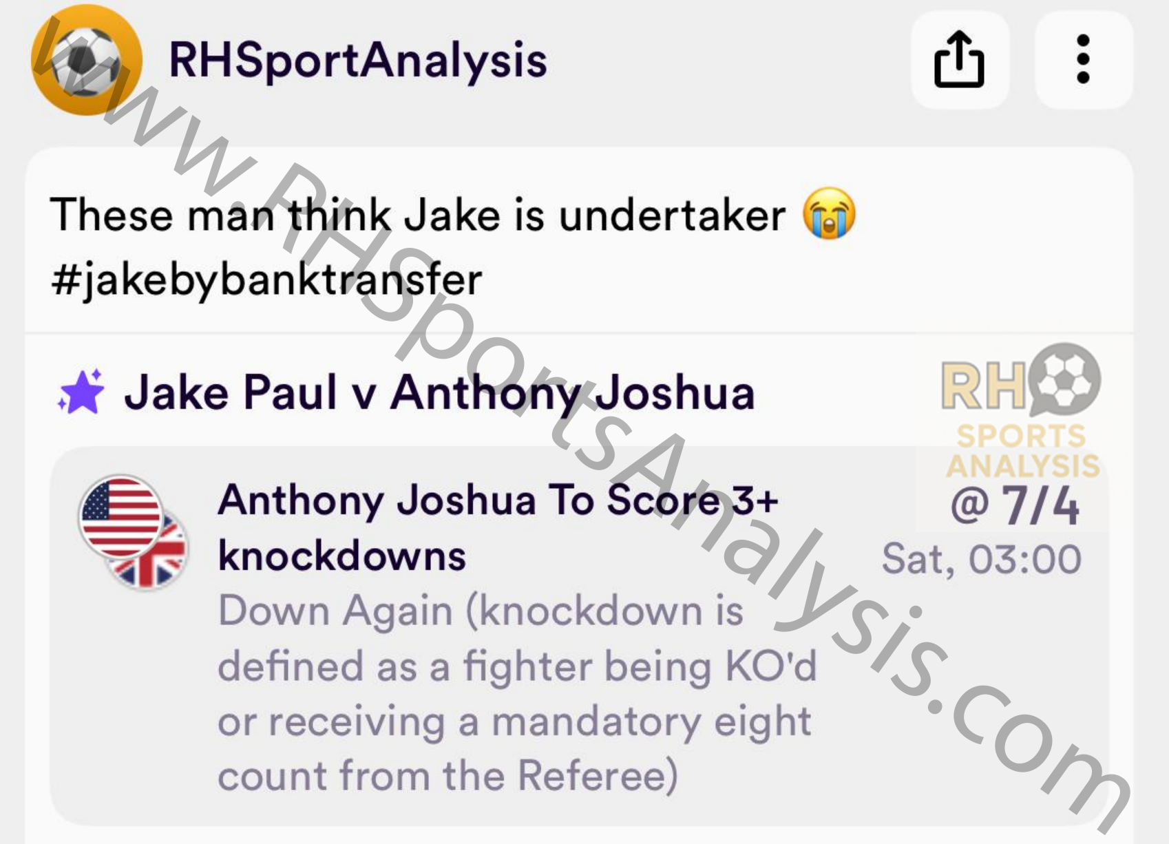 RH Sports Analysis Telegram signal showing Anthony Joshua 3+ Knockdowns at 7/4 odds