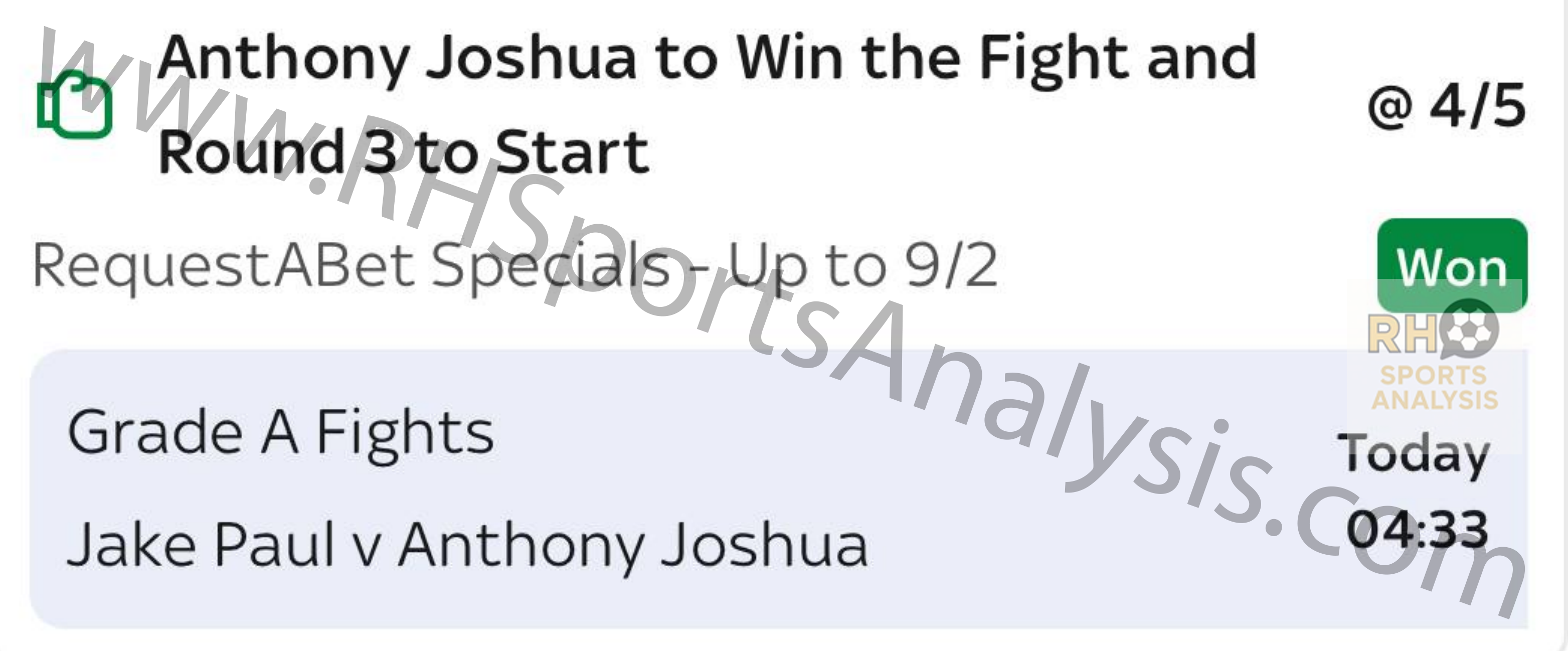 Winning bet slip showing Anthony Joshua to Win and Round 3 to Start at 4/5 odds against Jake Paul