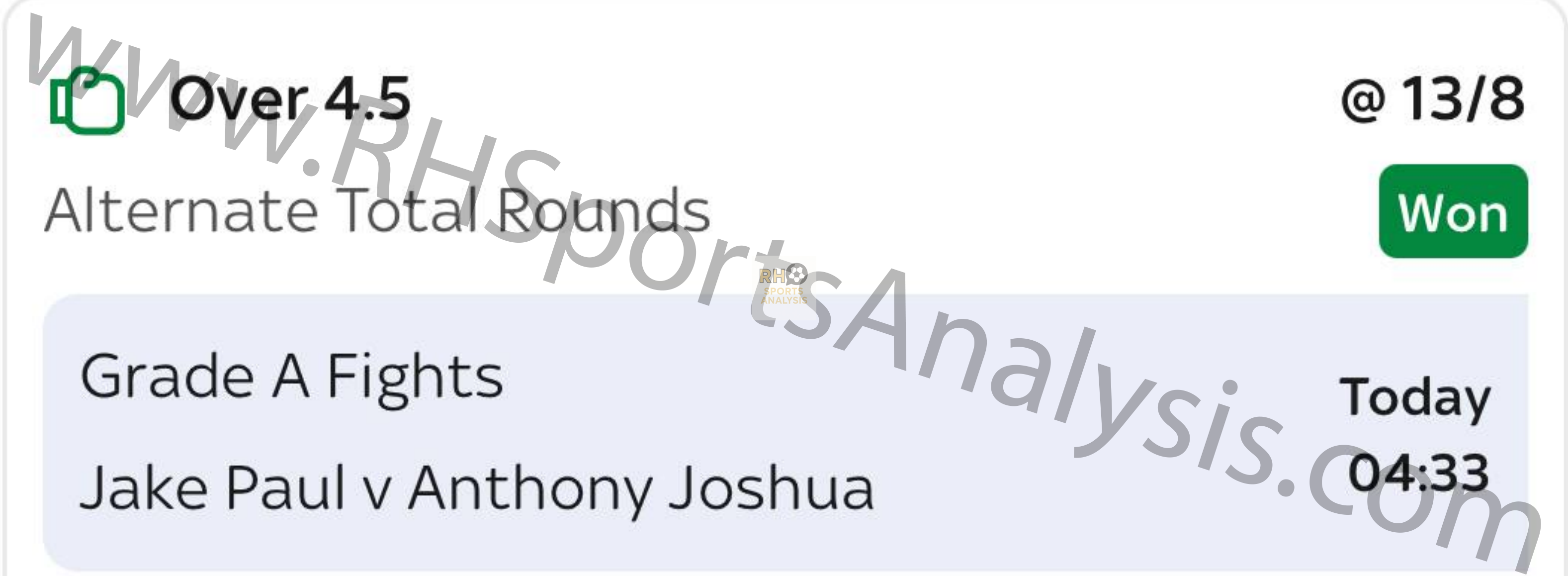 Winning bet slip showing Over 4.5 Alternate Total Rounds at 13/8 odds for Joshua vs Paul