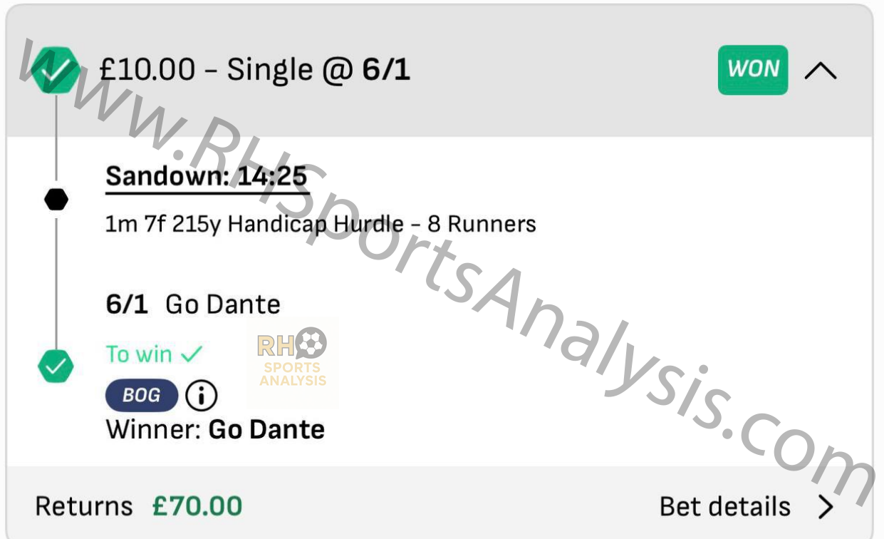 Winning bet slip showing Go Dante at 6/1 at Sandown 14:25, returning £70 from £10 stake