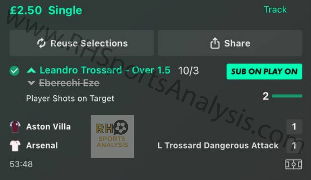 Winning bet slip showing Leandro Trossard Over 1.5 Shots on Target at 10/3, returning £10.83 from £2.50 stake in Aston Villa vs Arsenal