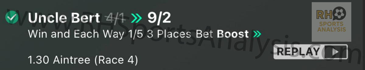 Winning bet slip showing Uncle Bert at 9/2 each-way with bet boost at Aintree 13:30