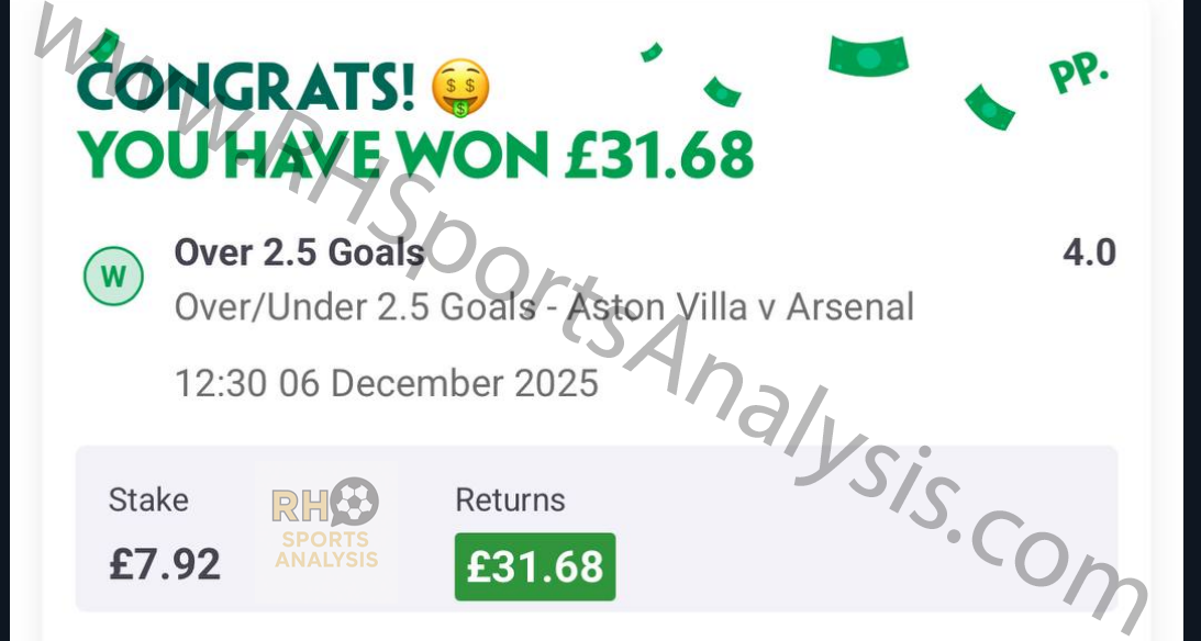 Winning bet slip showing Over 2.5 Goals in Aston Villa vs Arsenal at 4.0 and 2.2 odds, returning £31.68 and £5.50