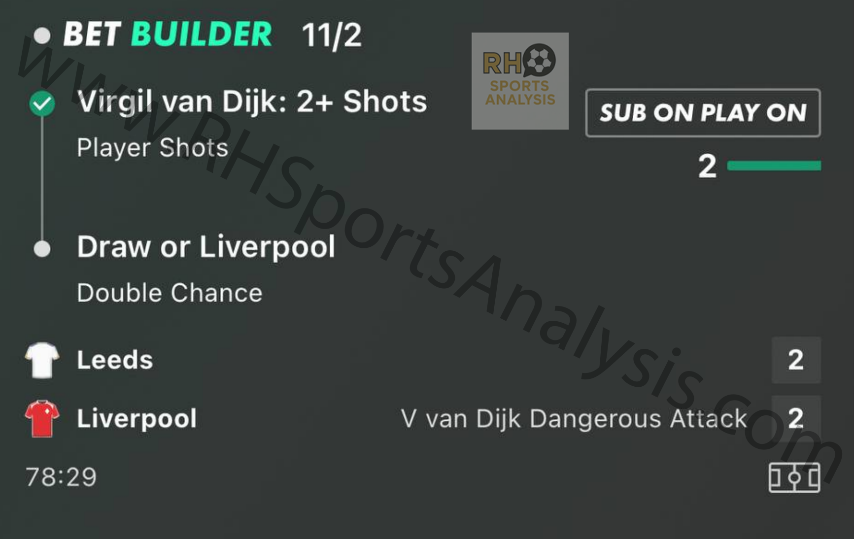 Winning bet builder showing Virgil van Dijk 2+ Shots and Draw or Liverpool at 11/2 odds in Leeds vs Liverpool