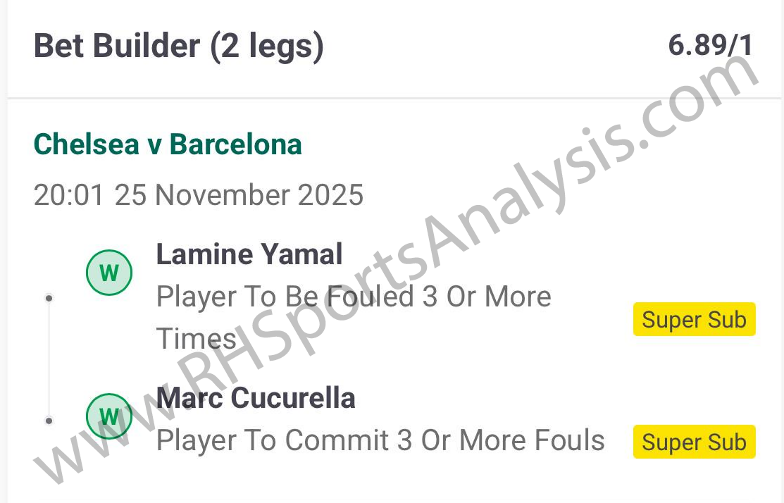 Chelsea vs Barcelona fouls bet builder at 6.89/1 odds