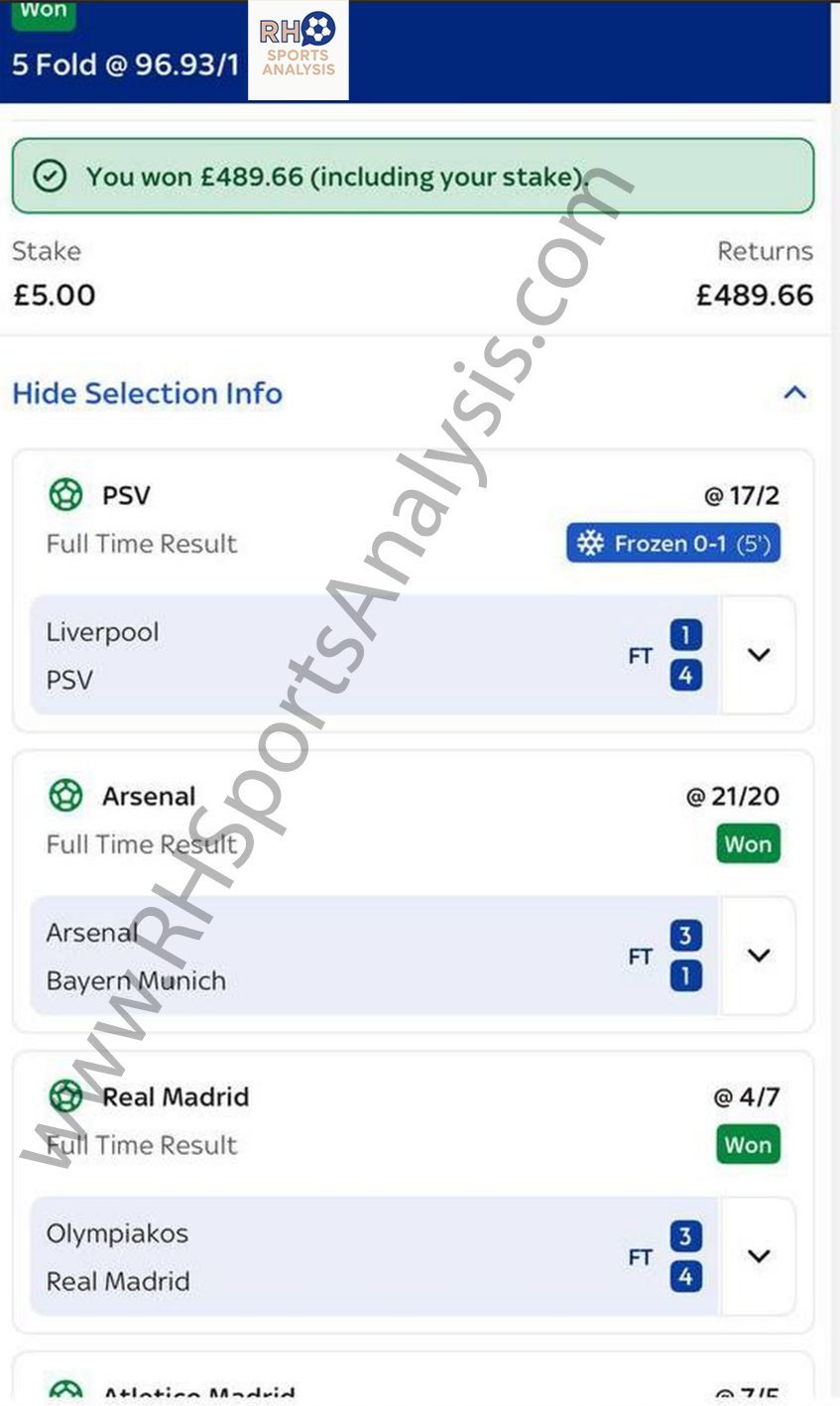 97/1 five-fold bet slip showing £5 stake returning £489.66