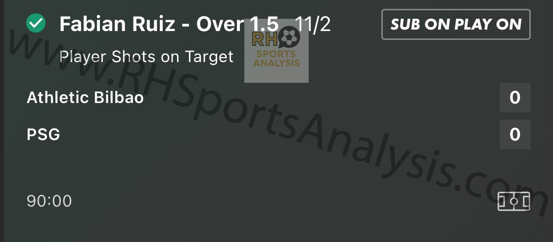 Fabian Ruiz over 1.5 shots on target winner at 11/2 odds in Athletic Bilbao vs PSG 0-0 draw
