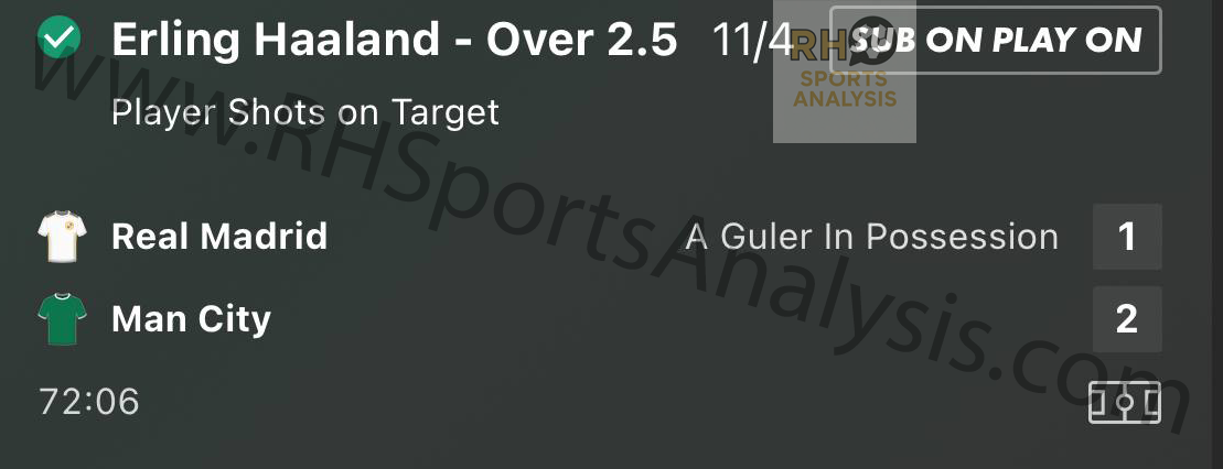 Erling Haaland over 2.5 shots on target winner at 11/4 odds in Real Madrid vs Manchester City