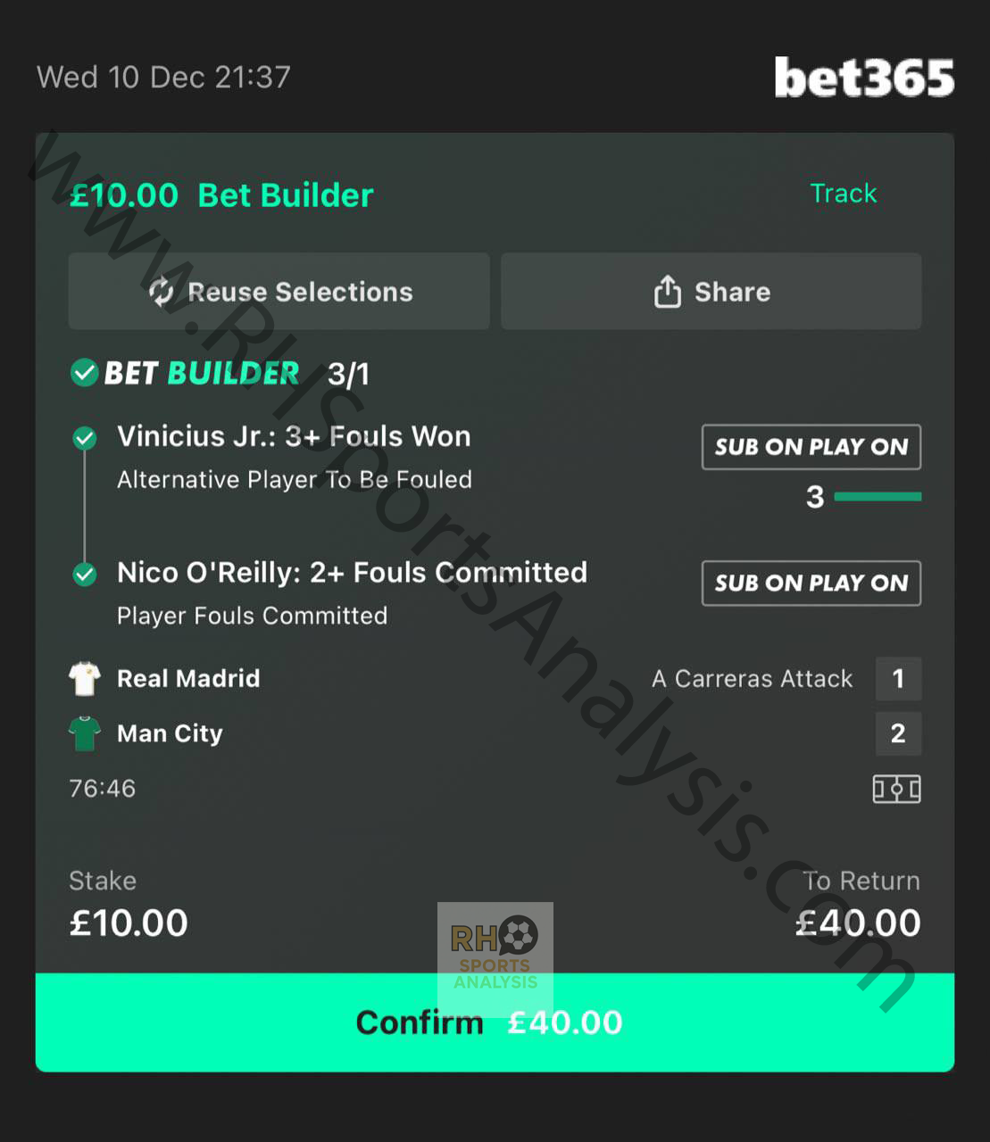 Vinicius Jr 3+ fouls won and Nico O'Reilly 2+ fouls committed bet builder winner at 3/1 in Real Madrid vs Man City