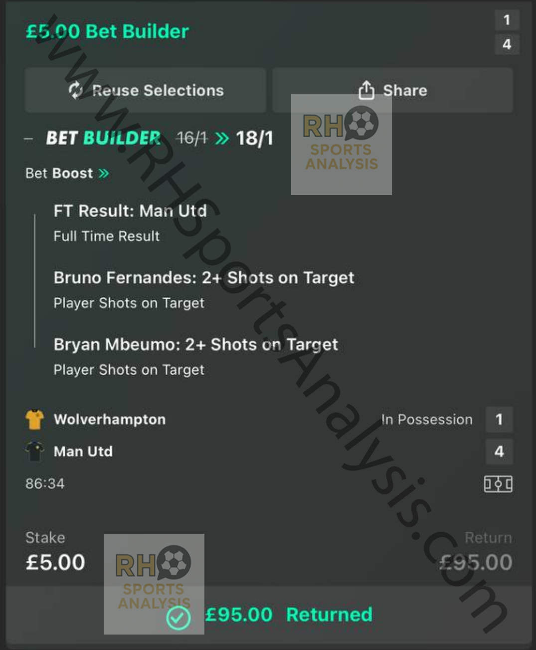 Winning 18/1 bet builder slip showing Man United win, Bruno Fernandes 2+ SOT, Bryan Mbeumo 2+ SOT, returning £95 from £5 stake