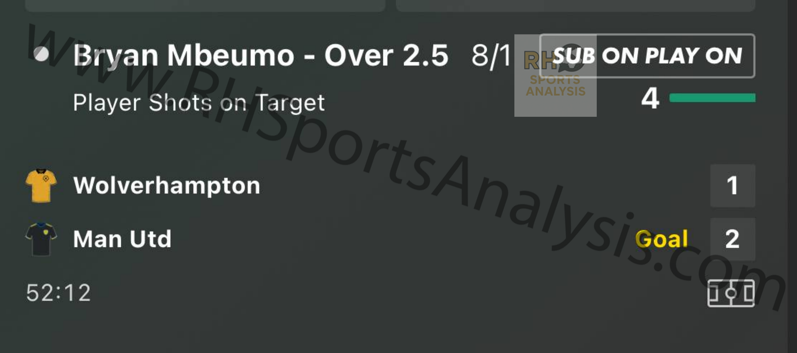 Winning bet slip showing Bryan Mbeumo Over 2.5 Shots on Target at 8/1 in Wolves vs Manchester United