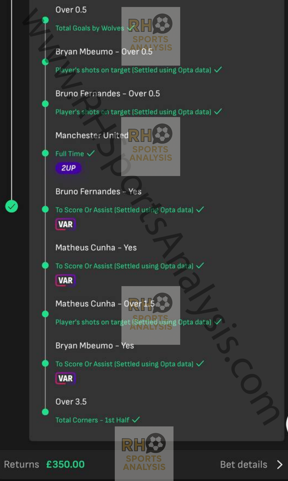 Winning accumulator slip showing 9 legs landed in Wolves vs Man United, returning £350