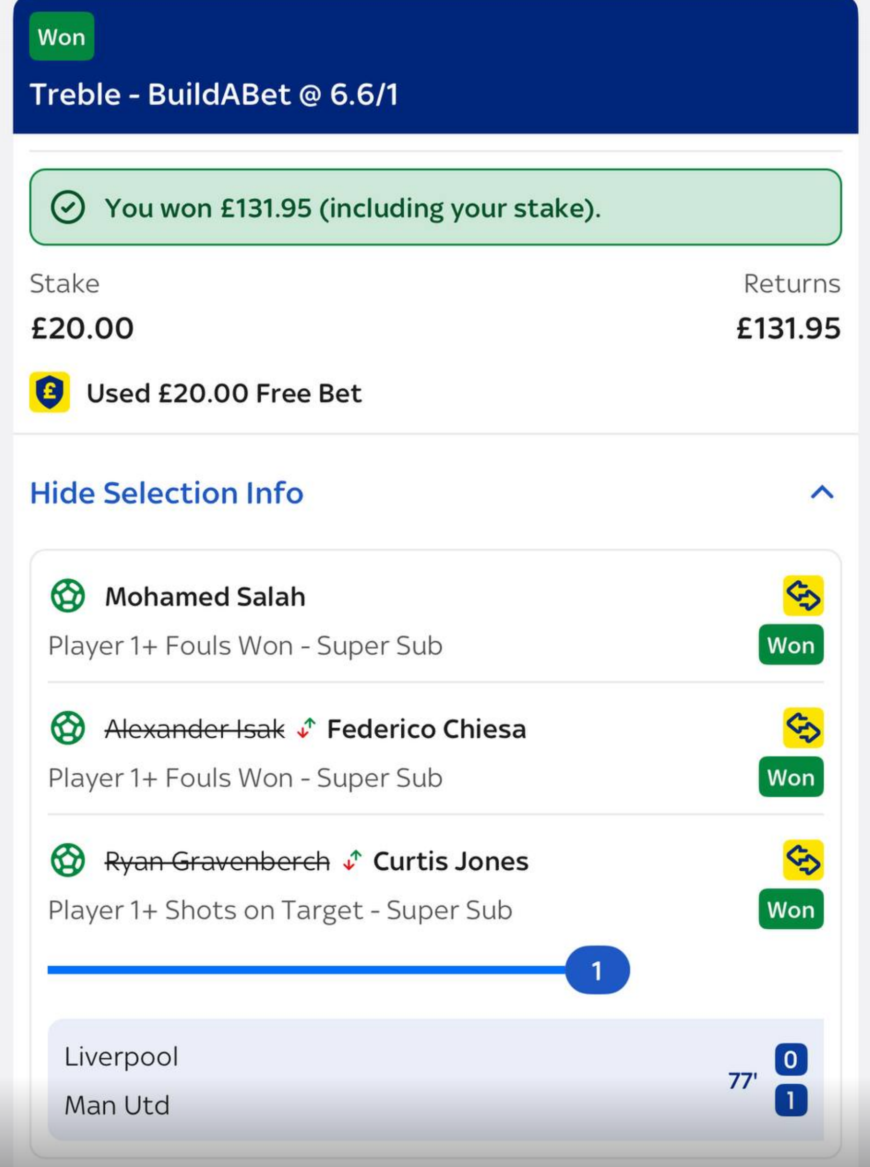 Liverpool Treble winning bet slip at 6.6/1 odds