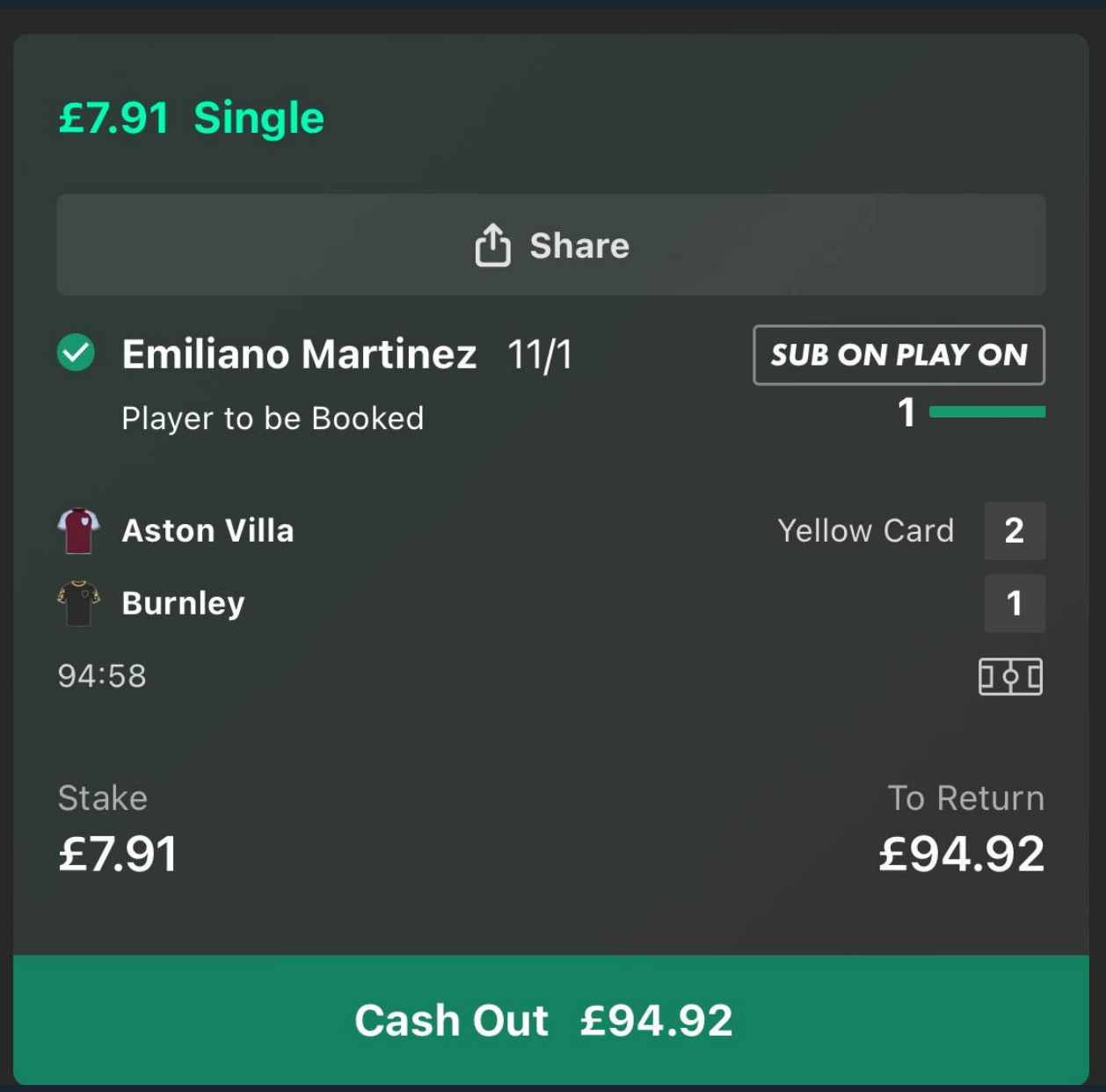Emiliano Martinez booking bet at 11/1 odds