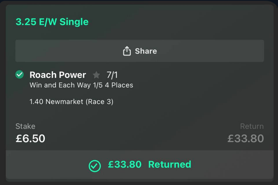 Roach Power horse racing win at 7/1 odds